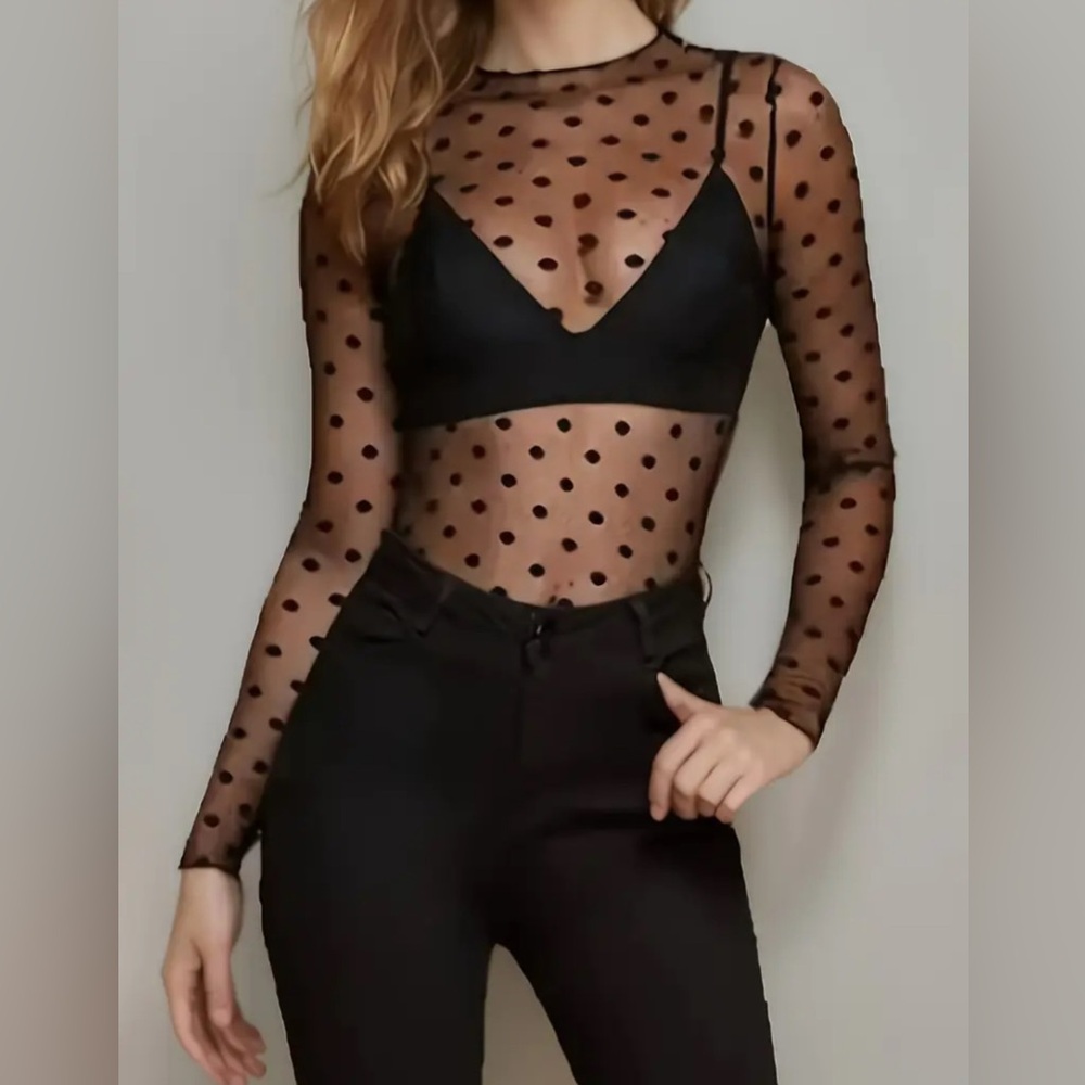 Polka Dot Black Sheer Lace Embroidered Mock Neck Mesh, Long Sleeve Swiss Dot